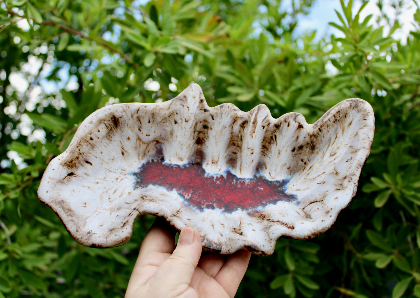 MCM California Pottery Biomorphic Shaped Ashtray in Rich Lava Glaze & Ruby Glass-Frit Interior Base