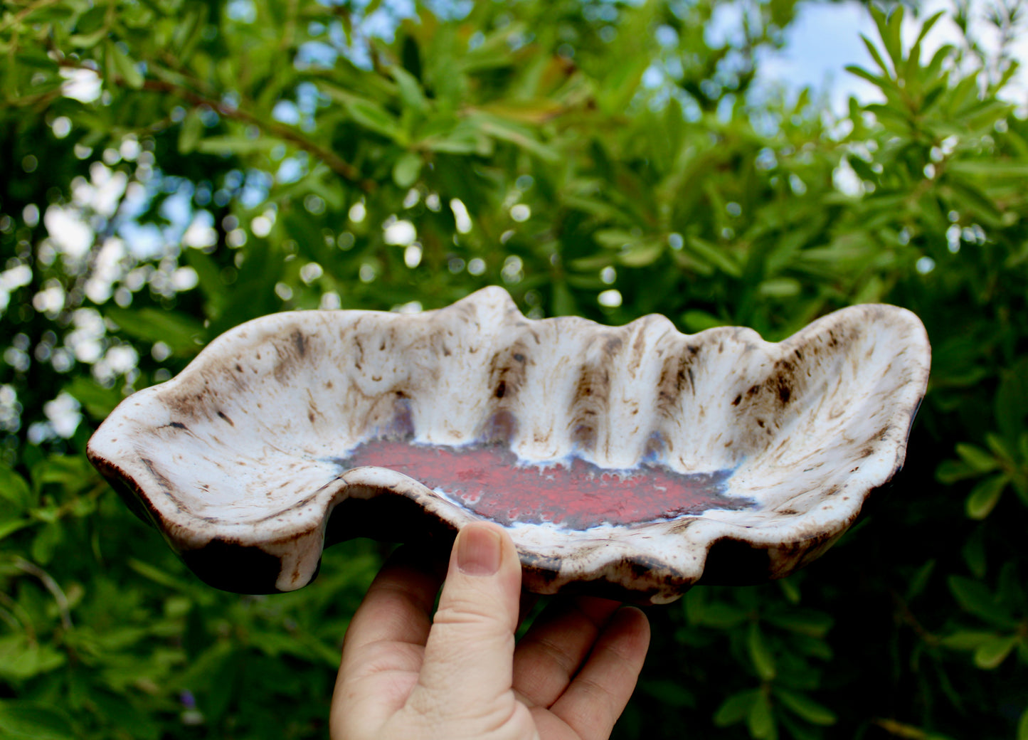 MCM California Pottery Biomorphic Shaped Ashtray in Rich Lava Glaze & Ruby Glass-Frit Interior Base