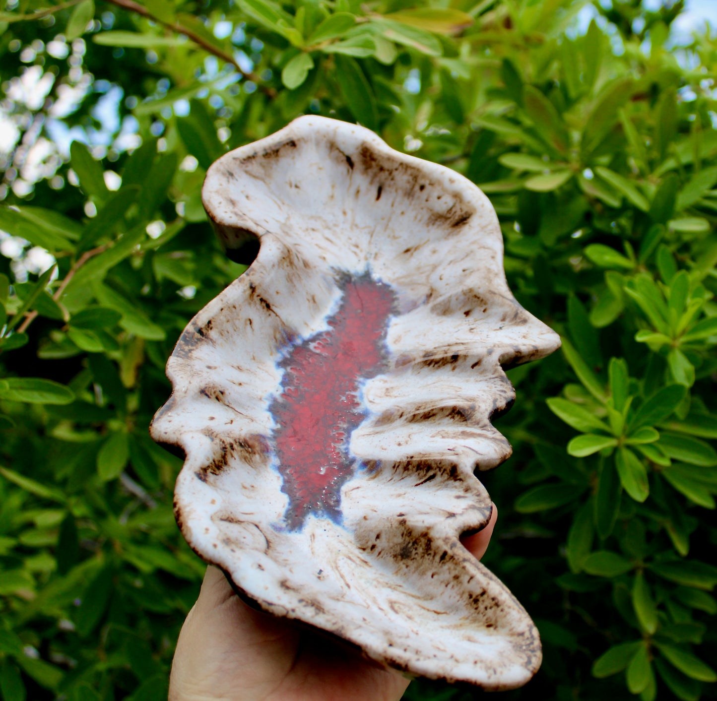 MCM California Pottery Biomorphic Shaped Ashtray in Rich Lava Glaze & Ruby Glass-Frit Interior Base