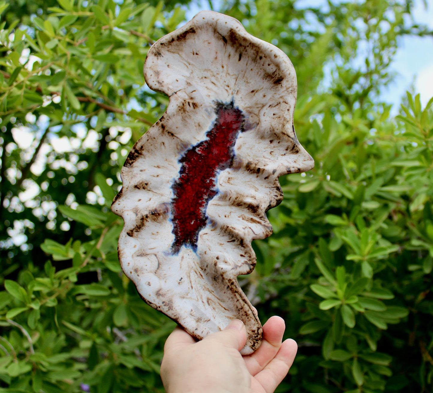 MCM California Pottery Biomorphic Shaped Ashtray in Rich Lava Glaze & Ruby Glass-Frit Interior Base