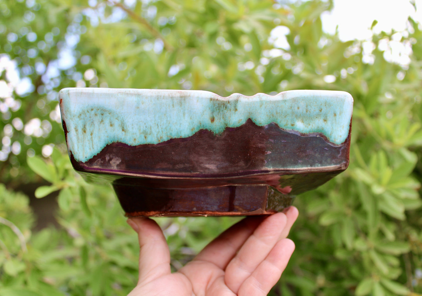 MCM California Pottery Atomic Ashtray in MCM Evangeline Style Drip-glaze - Gorgeous Geometric Shape - Rich Fat-Lava Glaze & Aqua Glass-Frit Interior Base