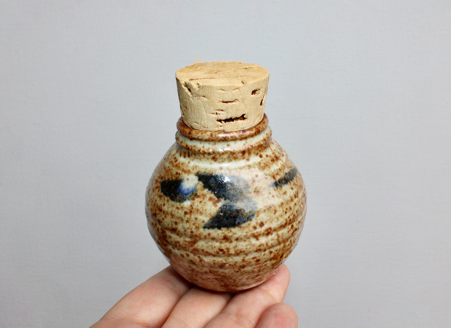 Shino Glazed Apothecary Jar, Smallish 100ml Capacity, Classic Loose Indigo Brushwork Decoration, Handcrafted Studio Pottery