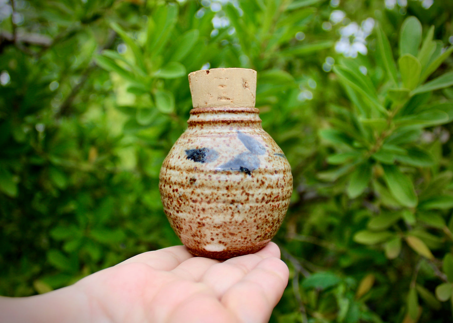 Shino Glazed Apothecary Jar, Smallish 100ml Capacity, Classic Loose Indigo Brushwork Decoration, Handcrafted Studio Pottery