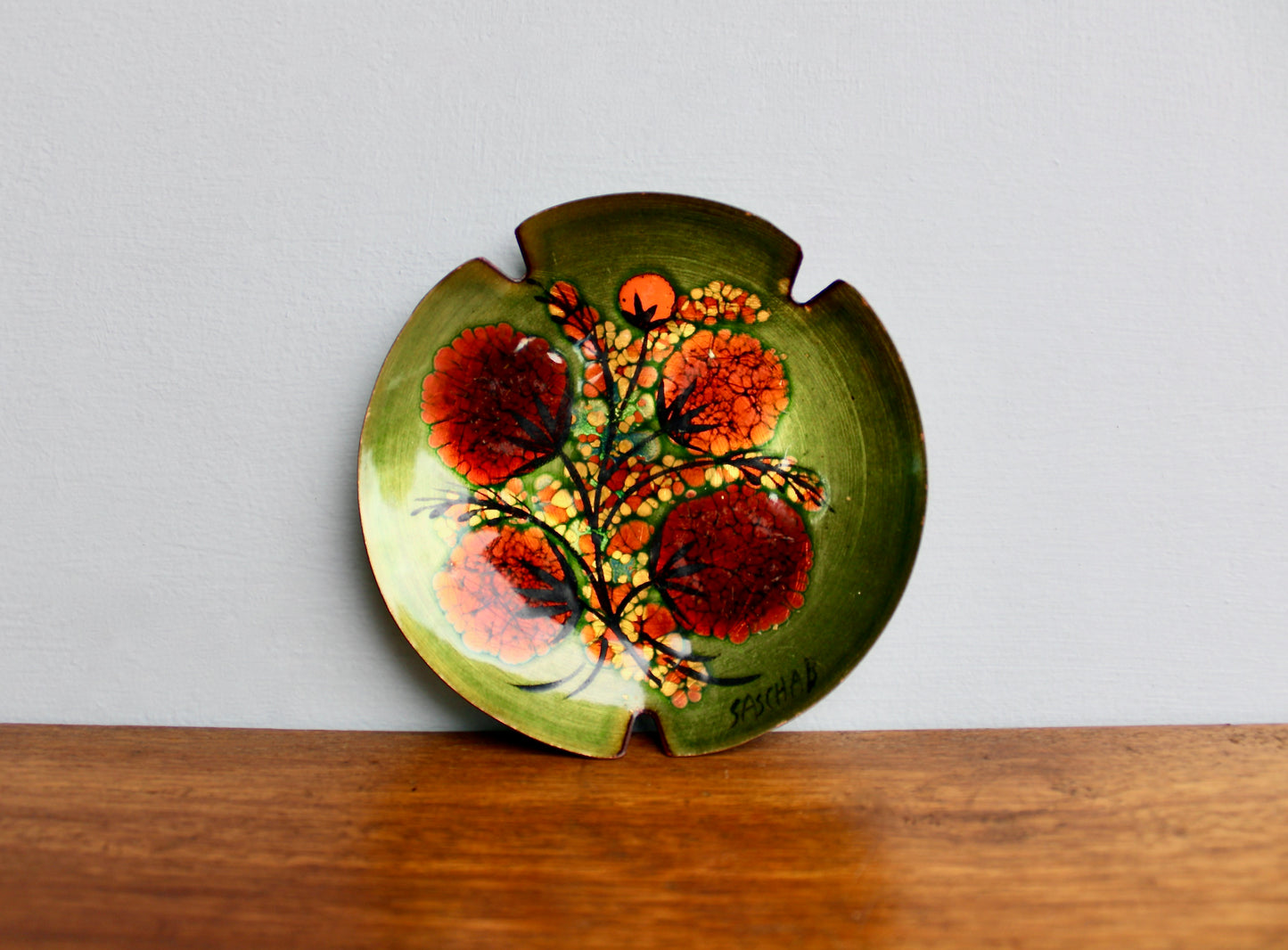 Sascha B Brastoff Enameled Copper Art-Tray 5.5" Ashtray Form, Orange Gomphrena Blossom Mid Century Modern Metal Arts Movement