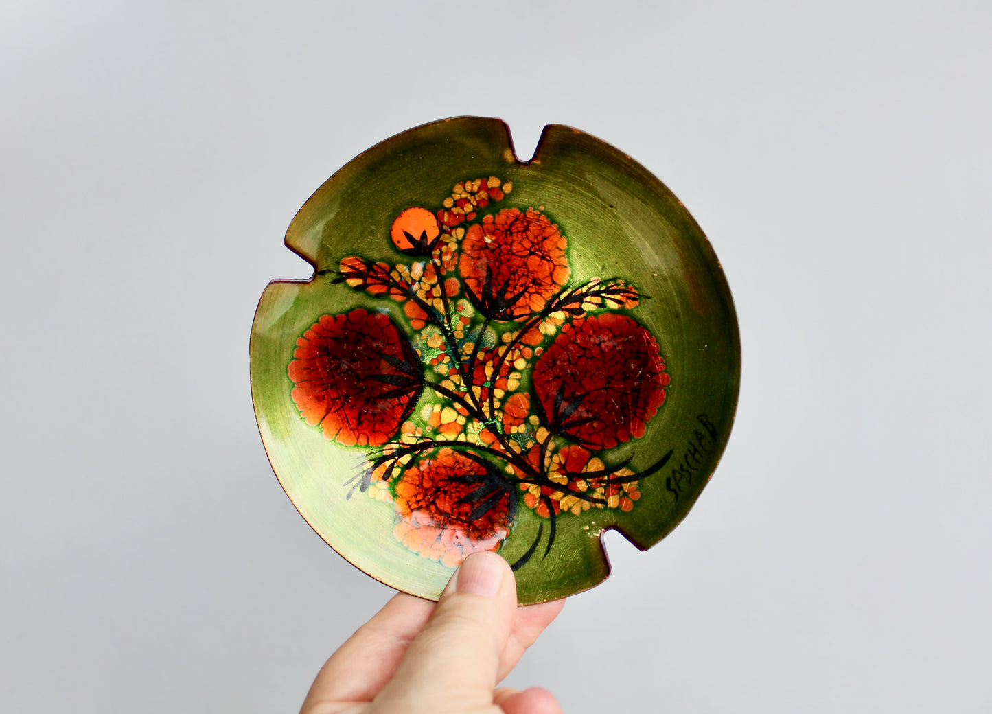 Sascha B Brastoff Enameled Copper Art-Tray 5.5" Ashtray Form, Orange Gomphrena Blossom Mid Century Modern Metal Arts Movement