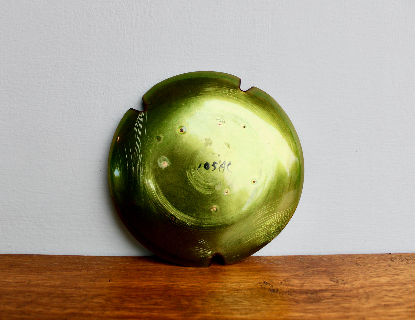 Sascha B Brastoff Enameled Copper Art-Tray 5.5" Ashtray Form, Orange Gomphrena Blossom Mid Century Modern Metal Arts Movement