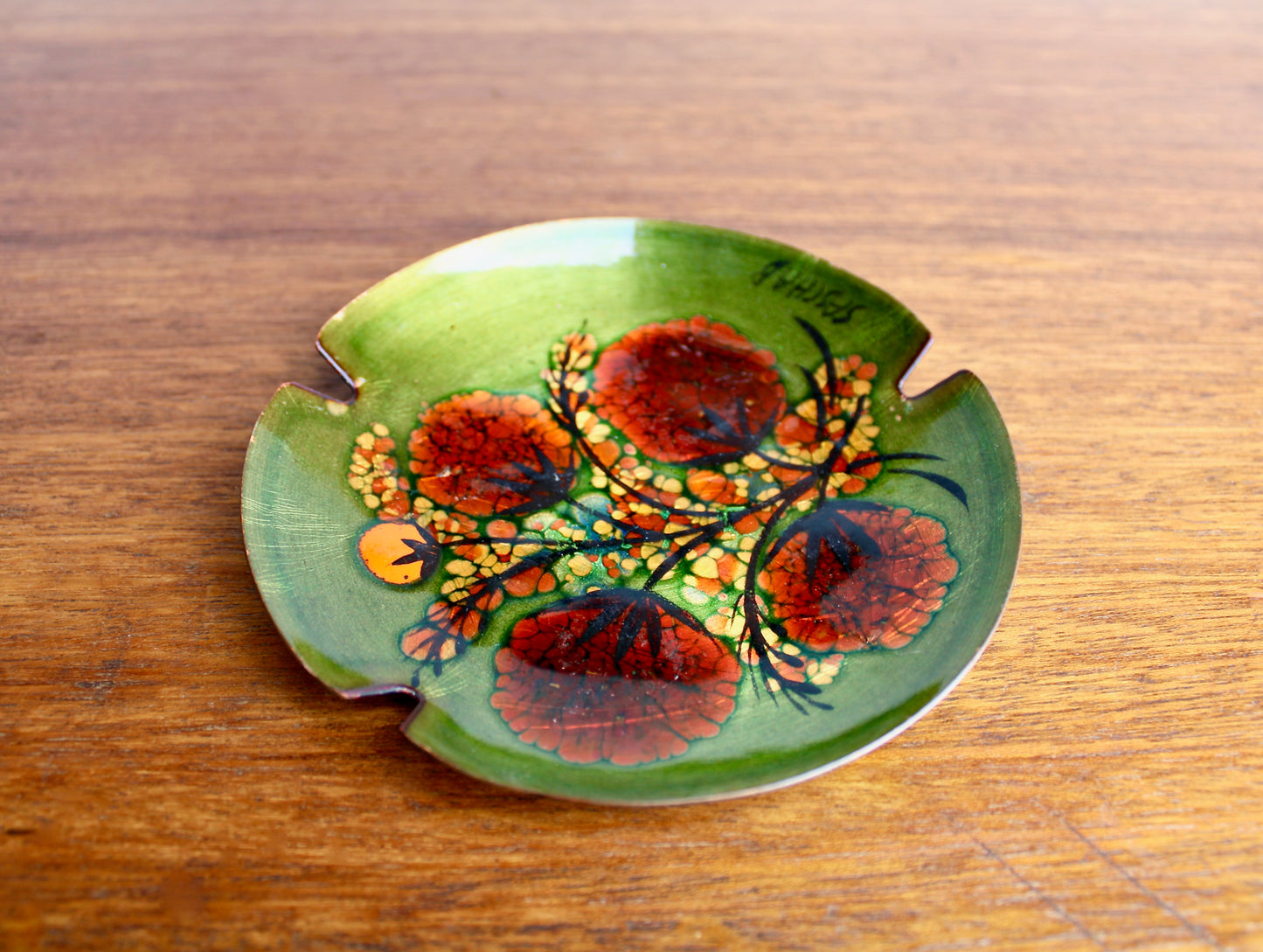 Sascha B Brastoff Enameled Copper Art-Tray 5.5" Ashtray Form, Orange Gomphrena Blossom Mid Century Modern Metal Arts Movement