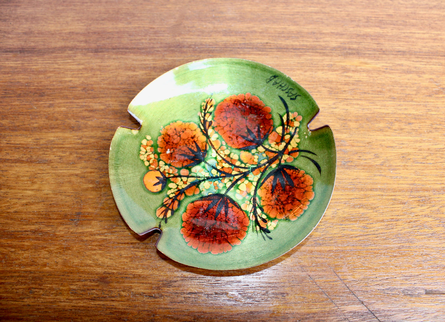Sascha B Brastoff Enameled Copper Art-Tray 5.5" Ashtray Form, Orange Gomphrena Blossom Mid Century Modern Metal Arts Movement