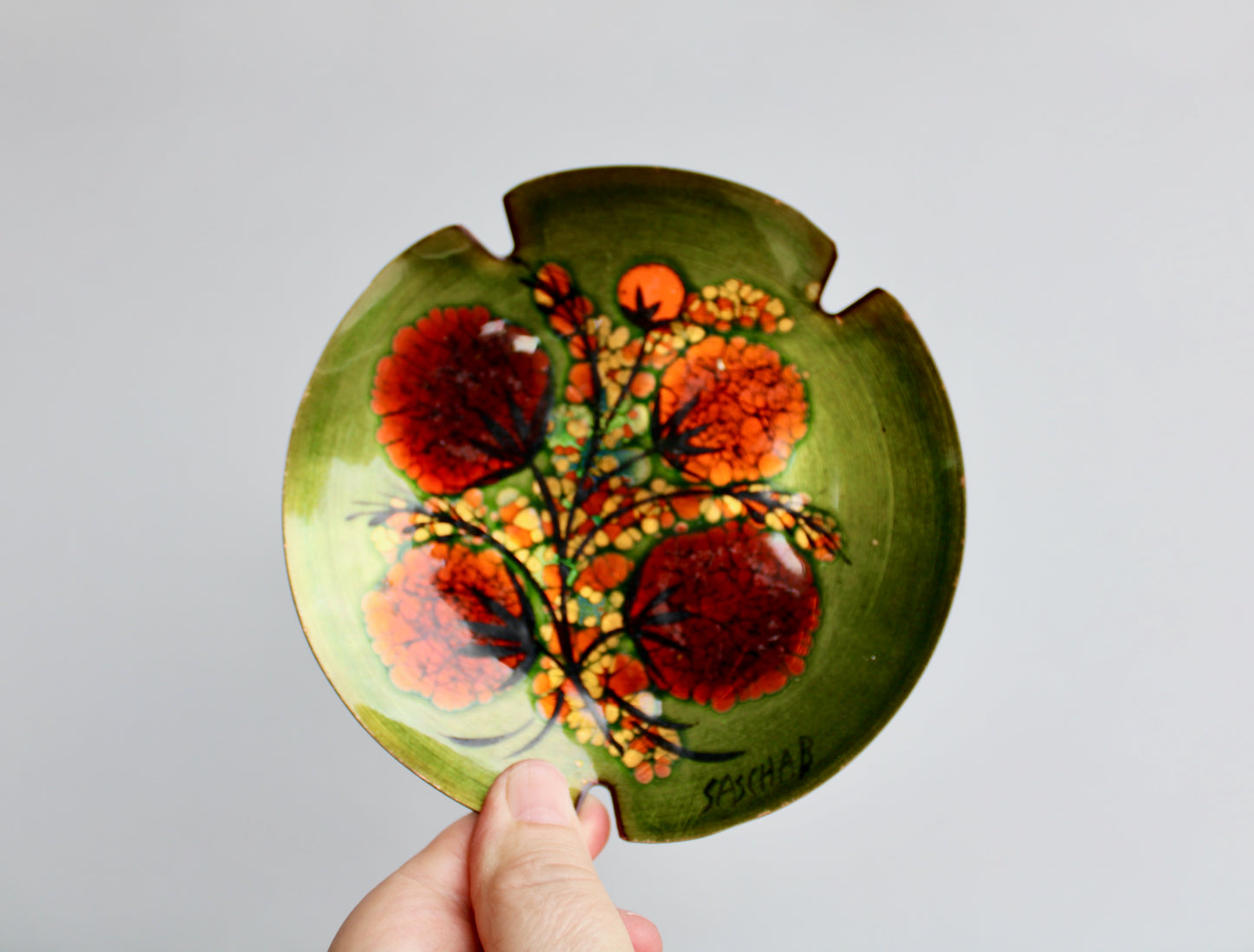 Sascha B Brastoff Enameled Copper Art-Tray 5.5" Ashtray Form, Orange Gomphrena Blossom Mid Century Modern Metal Arts Movement