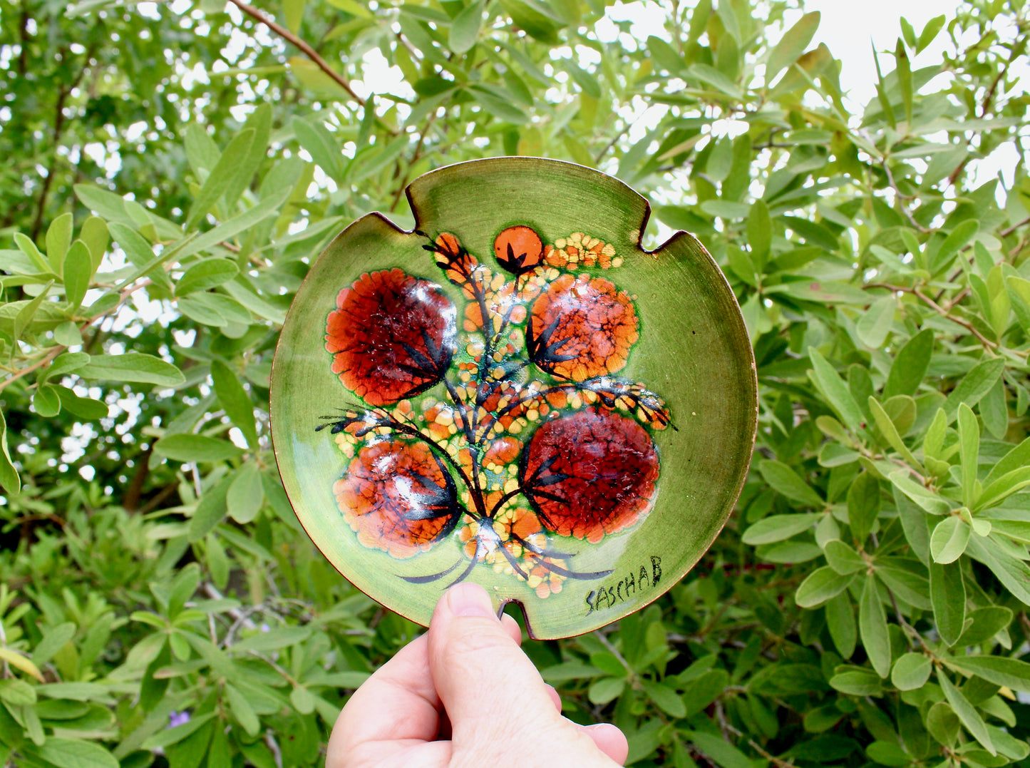 Sascha B Brastoff Enameled Copper Art-Tray 5.5" Ashtray Form, Orange Gomphrena Blossom Mid Century Modern Metal Arts Movement