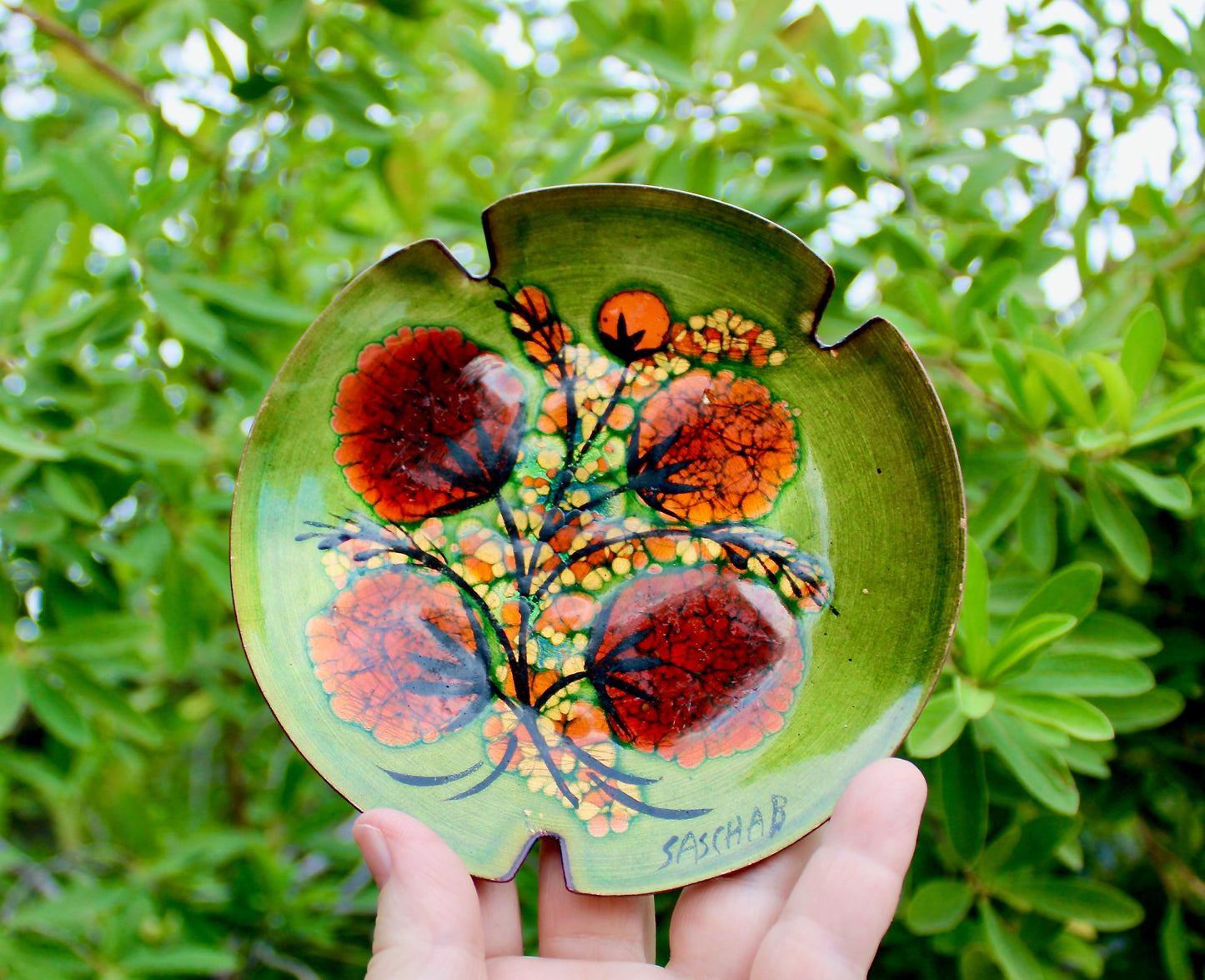 Sascha B Brastoff Enameled Copper Art-Tray 5.5" Ashtray Form, Orange Gomphrena Blossom Mid Century Modern Metal Arts Movement