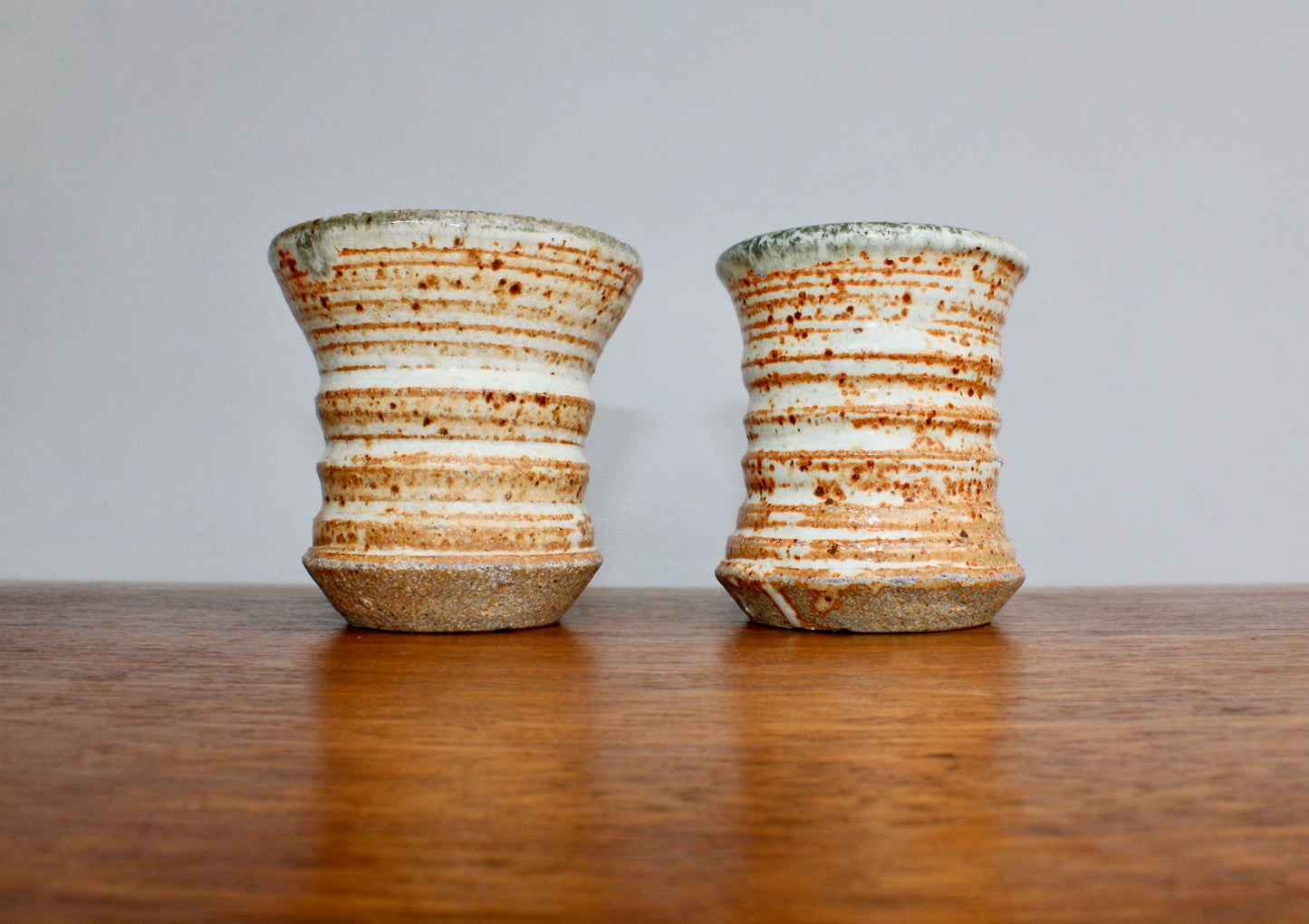 Pair of Star Pottery Shino Glazed Yunomi w/ Volcanic Rim & Green-Grey Interior - Vitrified Stoneware - Handcrafted Studio Pottery