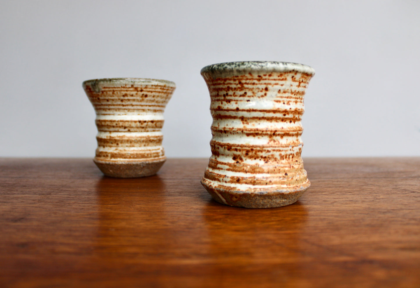 Pair of Star Pottery Shino Glazed Yunomi w/ Volcanic Rim & Green-Grey Interior - Vitrified Stoneware - Handcrafted Studio Pottery