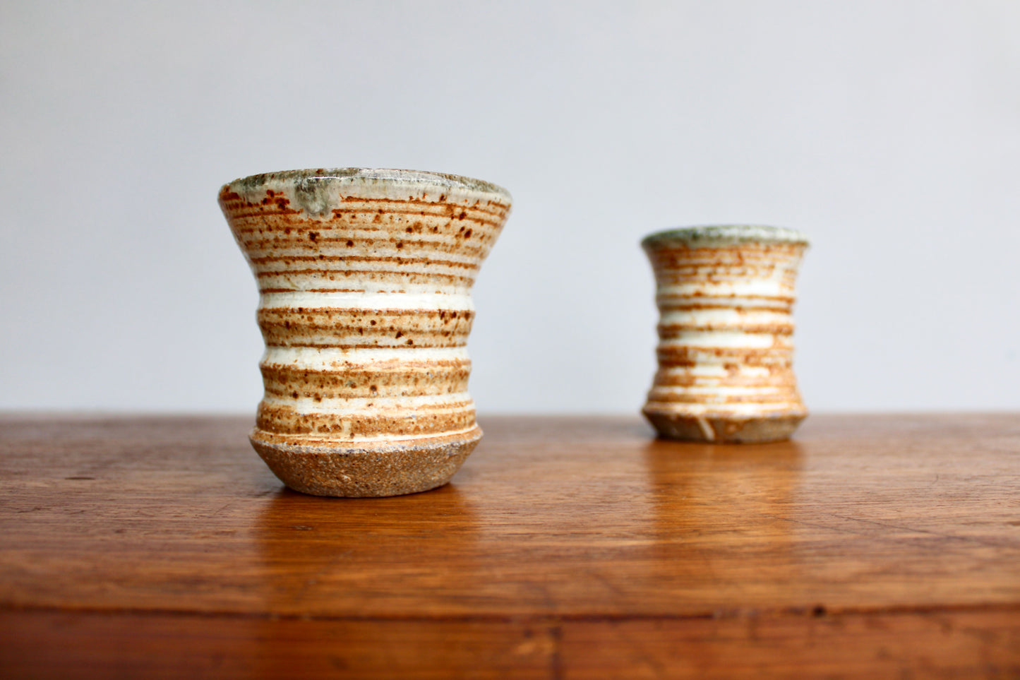 Pair of Star Pottery Shino Glazed Yunomi w/ Volcanic Rim & Green-Grey Interior - Vitrified Stoneware - Handcrafted Studio Pottery