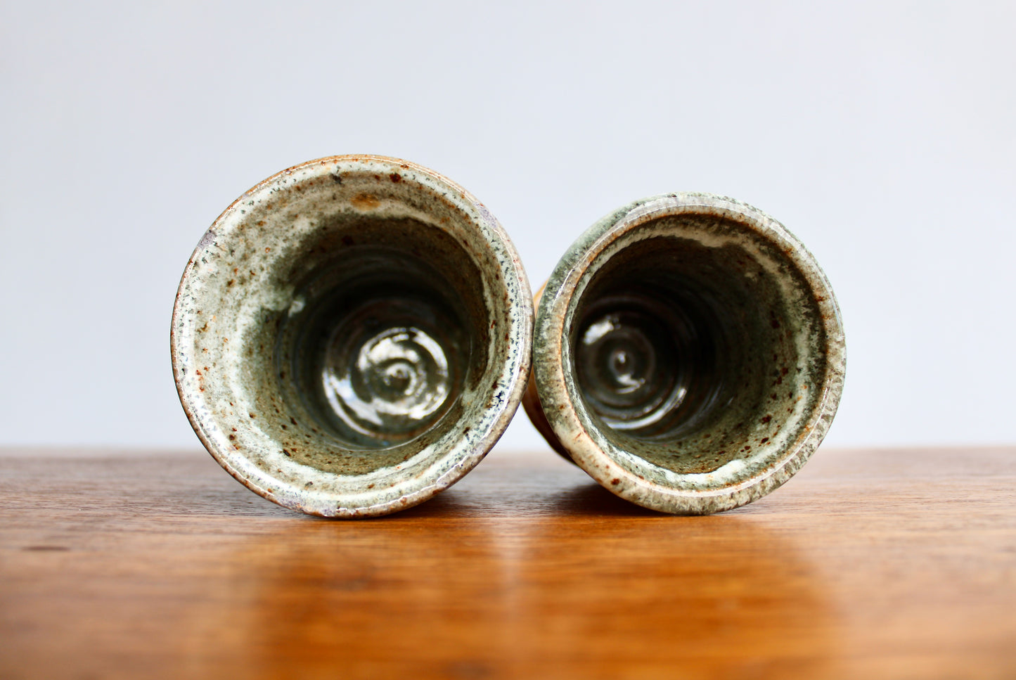 Pair of Star Pottery Shino Glazed Yunomi w/ Volcanic Rim & Green-Grey Interior - Vitrified Stoneware - Handcrafted Studio Pottery