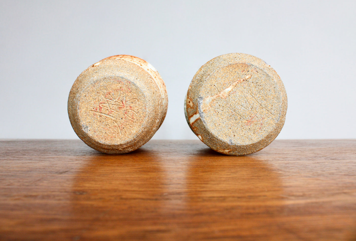 Pair of Star Pottery Shino Glazed Yunomi w/ Volcanic Rim & Green-Grey Interior - Vitrified Stoneware - Handcrafted Studio Pottery