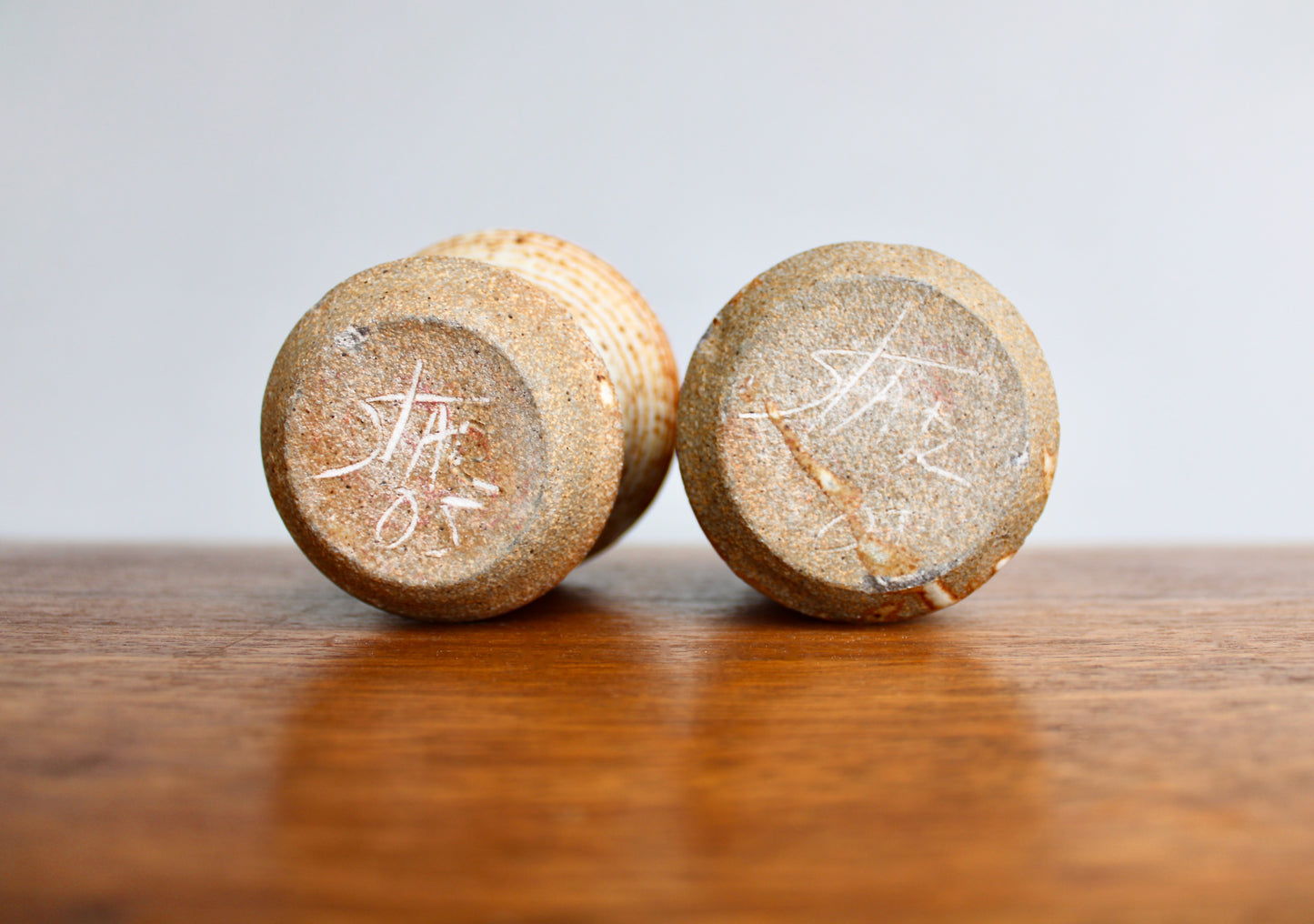 Pair of Star Pottery Shino Glazed Yunomi w/ Volcanic Rim & Green-Grey Interior - Vitrified Stoneware - Handcrafted Studio Pottery