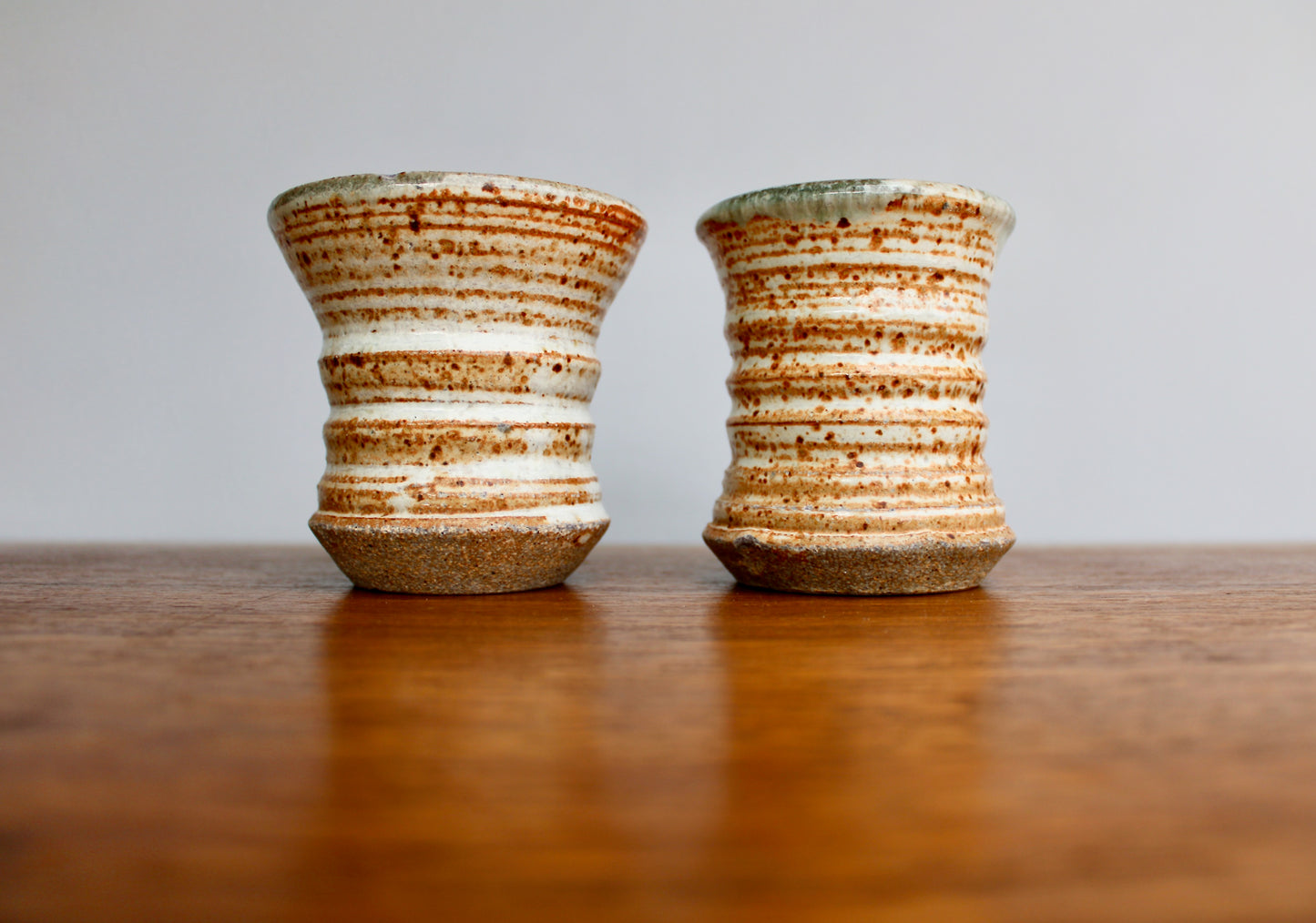Pair of Star Pottery Shino Glazed Yunomi w/ Volcanic Rim & Green-Grey Interior - Vitrified Stoneware - Handcrafted Studio Pottery