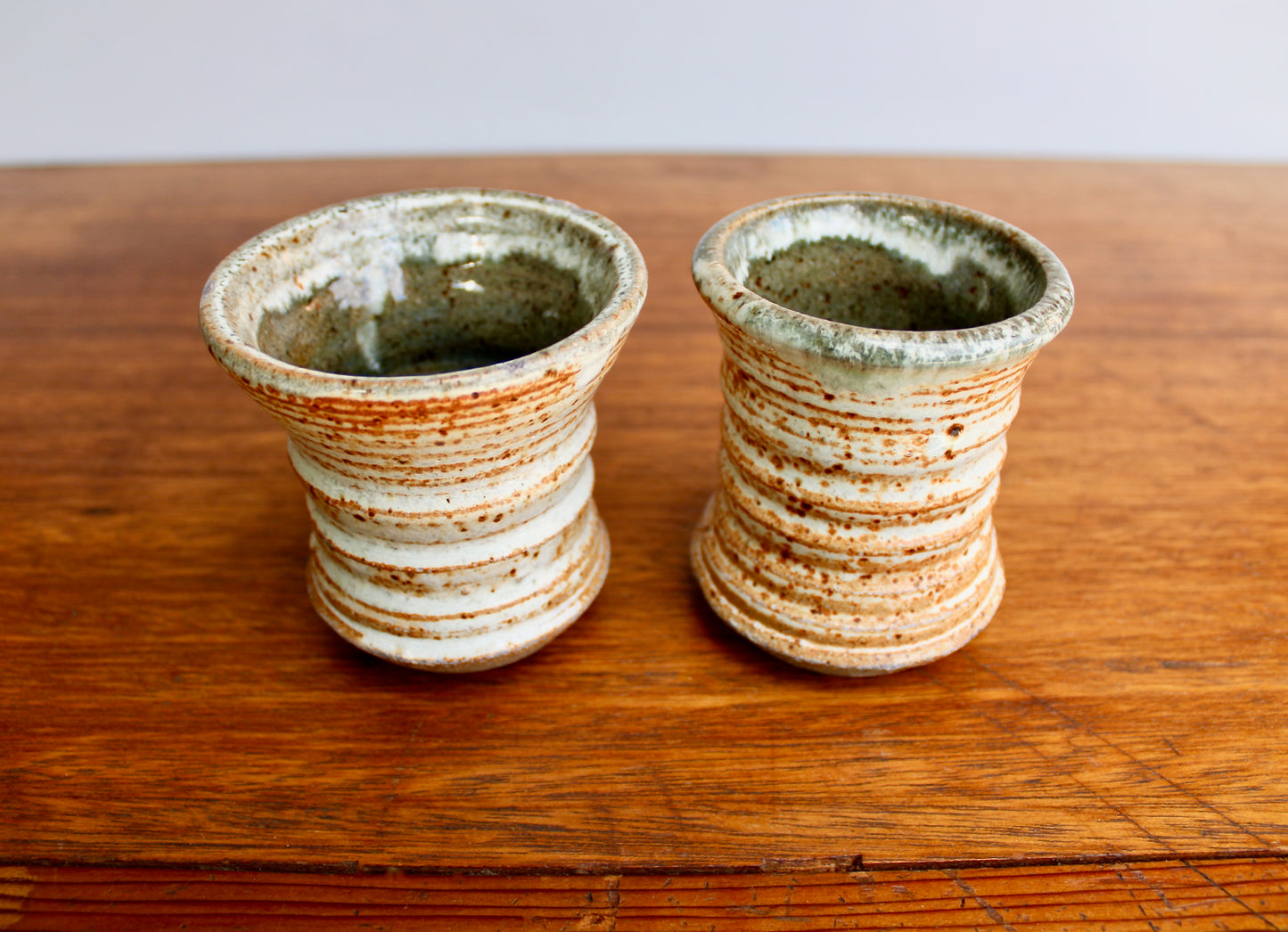 Pair of Star Pottery Shino Glazed Yunomi w/ Volcanic Rim & Green-Grey Interior - Vitrified Stoneware - Handcrafted Studio Pottery