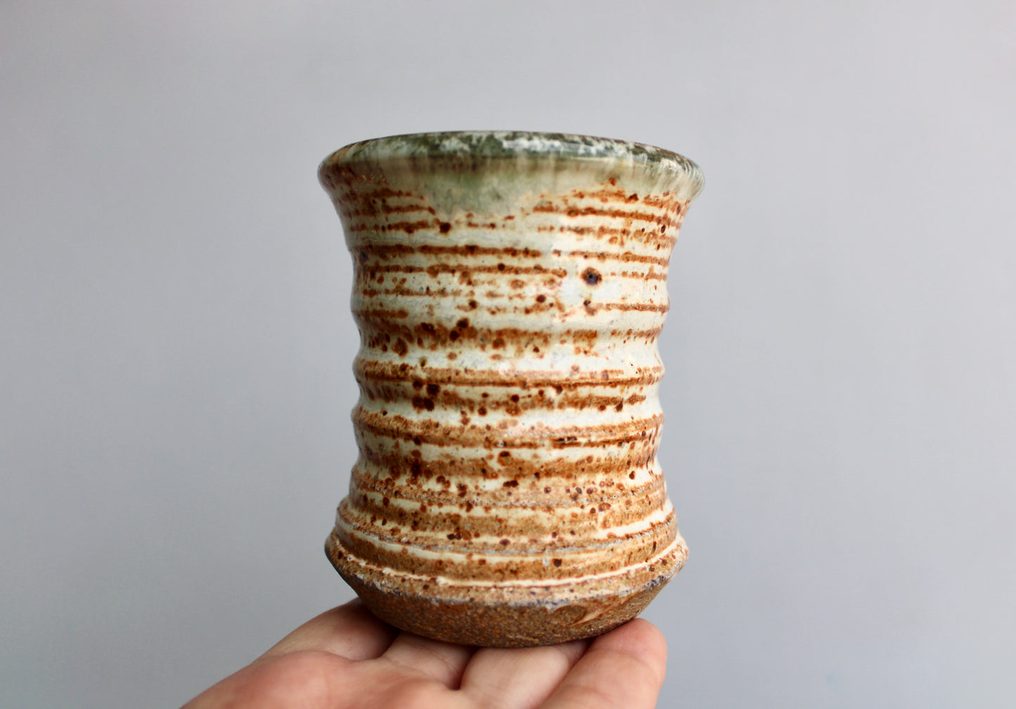 Pair of Star Pottery Shino Glazed Yunomi w/ Volcanic Rim & Green-Grey Interior - Vitrified Stoneware - Handcrafted Studio Pottery