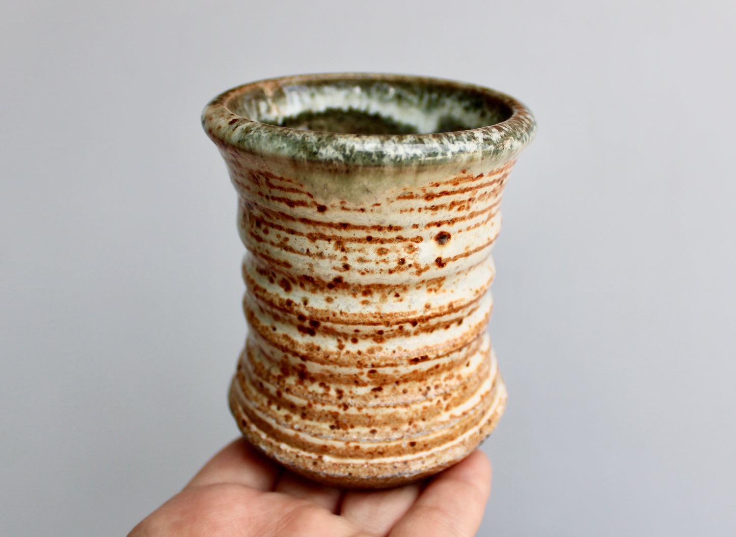 Pair of Star Pottery Shino Glazed Yunomi w/ Volcanic Rim & Green-Grey Interior - Vitrified Stoneware - Handcrafted Studio Pottery