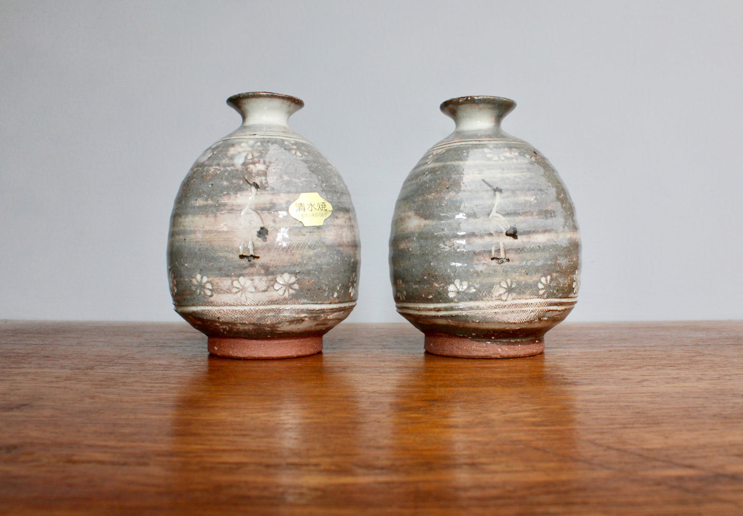 Pair of 4.5" tall Crane Weedpots, Handsome Kyo Kiyomizu yaki ware, Kyoto Japan Mishima style Flower Stamped Decor w/ Cranes, Handcrafted in Japan