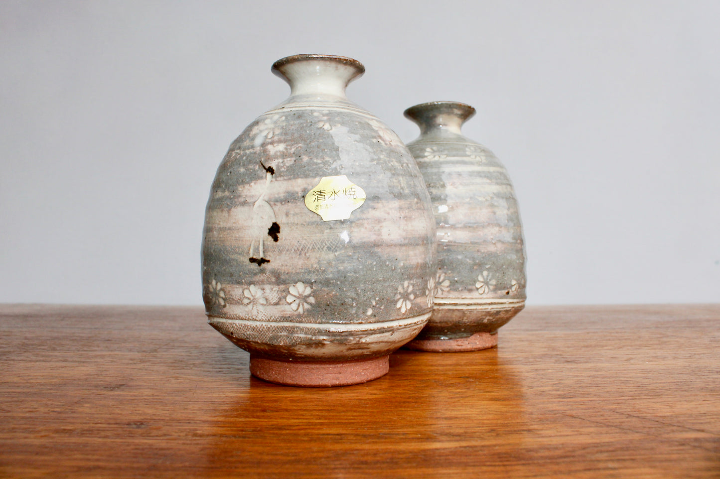 Pair of 4.5" tall Crane Weedpots, Handsome Kyo Kiyomizu yaki ware, Kyoto Japan Mishima style Flower Stamped Decor w/ Cranes, Handcrafted in Japan