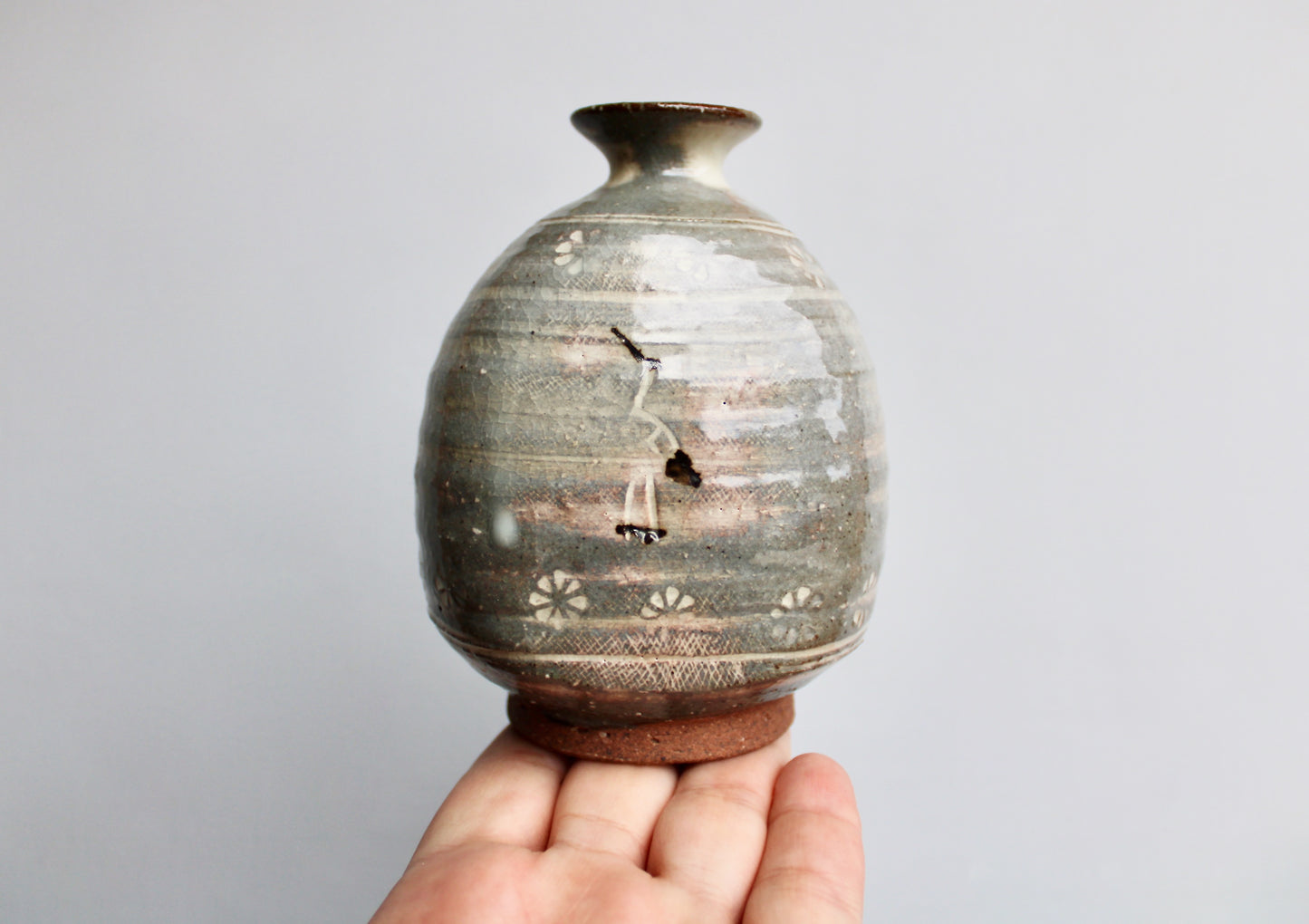 Pair of 4.5" tall Crane Weedpots, Handsome Kyo Kiyomizu yaki ware, Kyoto Japan Mishima style Flower Stamped Decor w/ Cranes, Handcrafted in Japan