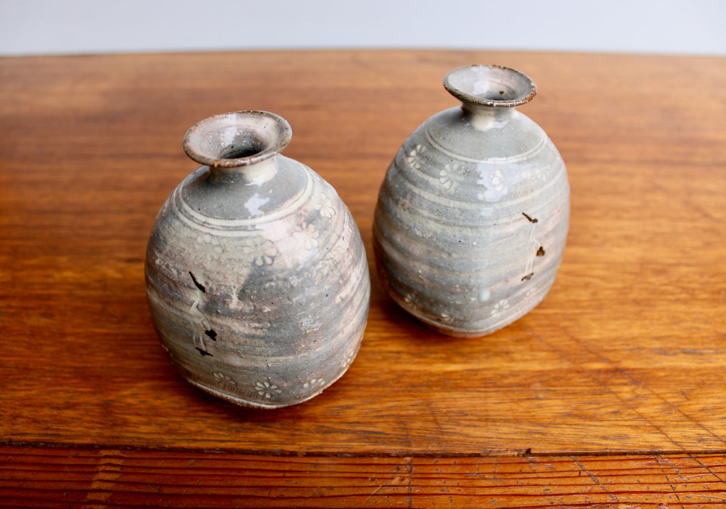 Pair of 4.5" tall Crane Weedpots, Handsome Kyo Kiyomizu yaki ware, Kyoto Japan Mishima style Flower Stamped Decor w/ Cranes, Handcrafted in Japan
