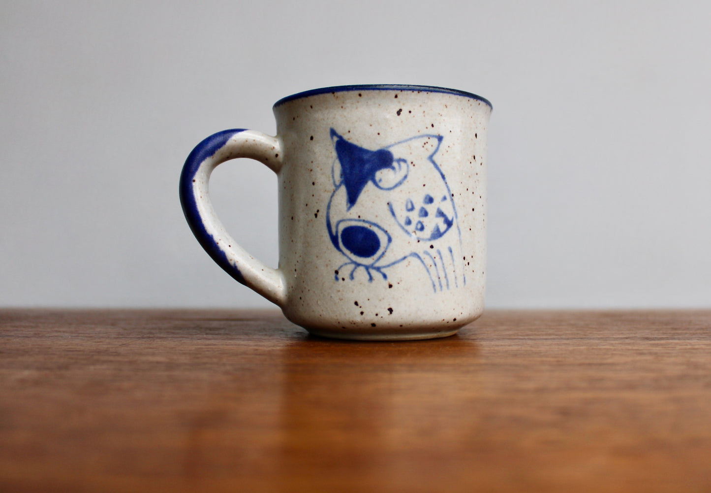 1970s Otagiri Owl Mug, Classic Indigo Line-Work Owl on Blue-Grey w/ Swiped Blue Handle - Sturdy Vitrified Stoneware