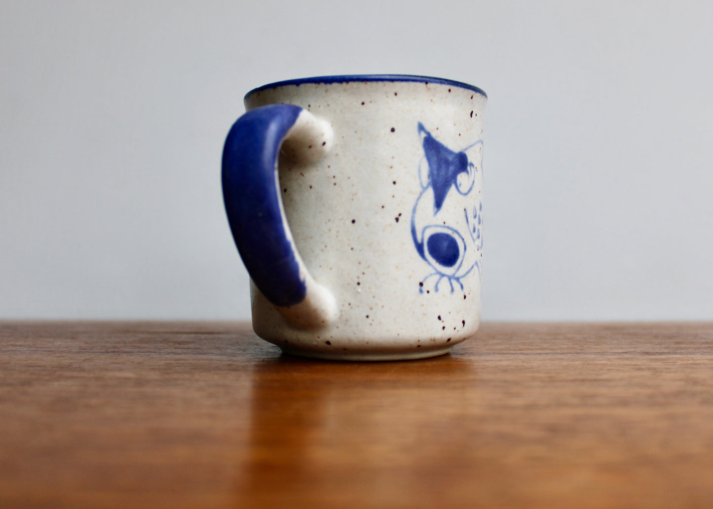 1970s Otagiri Owl Mug, Classic Indigo Line-Work Owl on Blue-Grey w/ Swiped Blue Handle - Sturdy Vitrified Stoneware