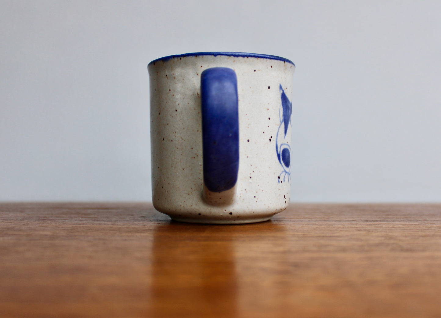 1970s Otagiri Owl Mug, Classic Indigo Line-Work Owl on Blue-Grey w/ Swiped Blue Handle - Sturdy Vitrified Stoneware