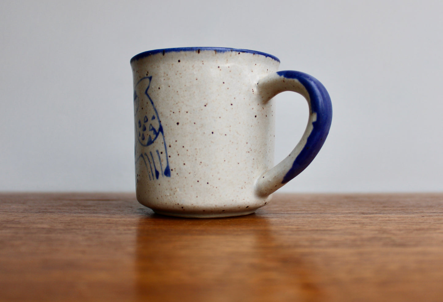 1970s Otagiri Owl Mug, Classic Indigo Line-Work Owl on Blue-Grey w/ Swiped Blue Handle - Sturdy Vitrified Stoneware