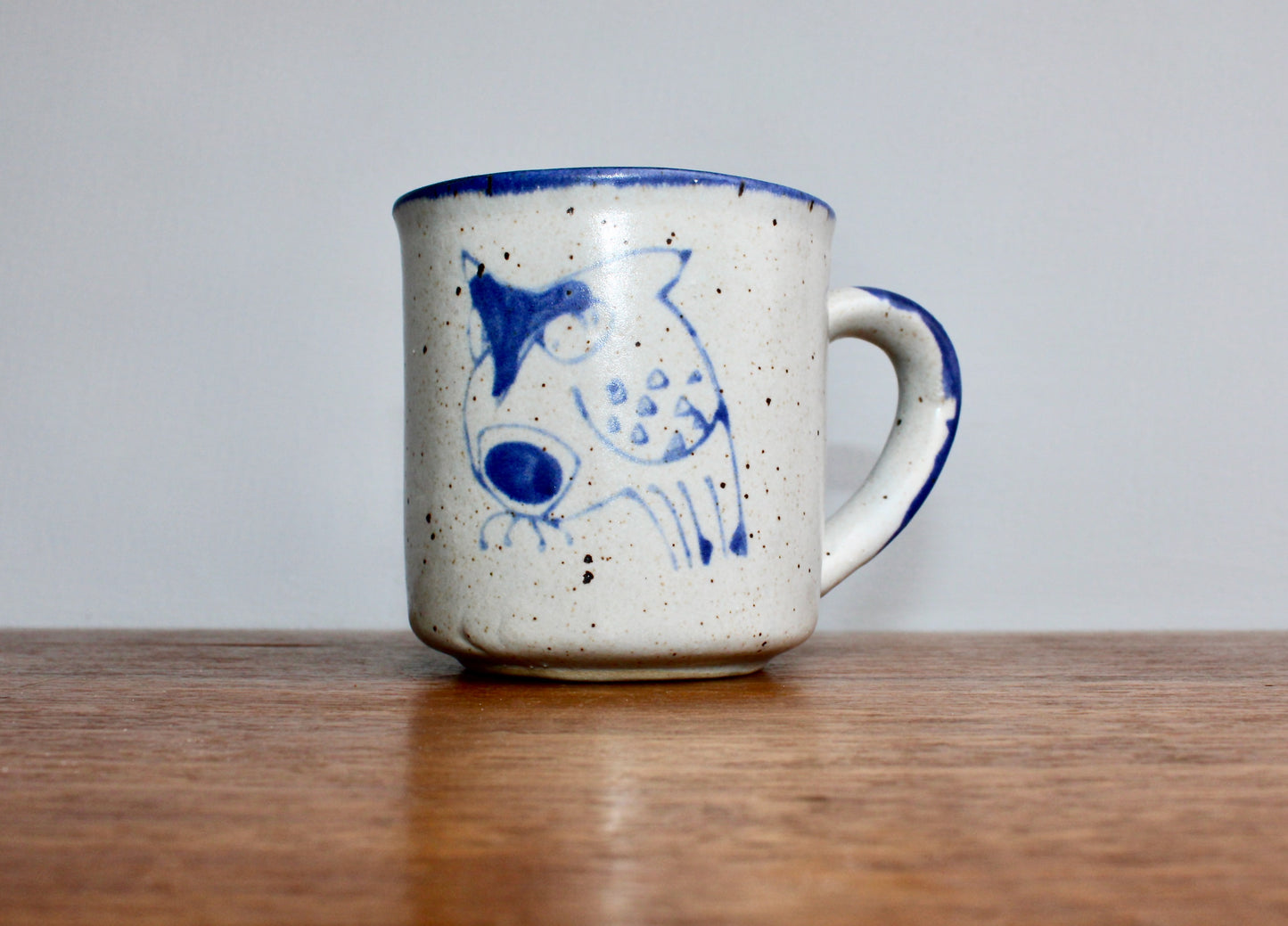 1970s Otagiri Owl Mug, Classic Indigo Line-Work Owl on Blue-Grey w/ Swiped Blue Handle - Sturdy Vitrified Stoneware