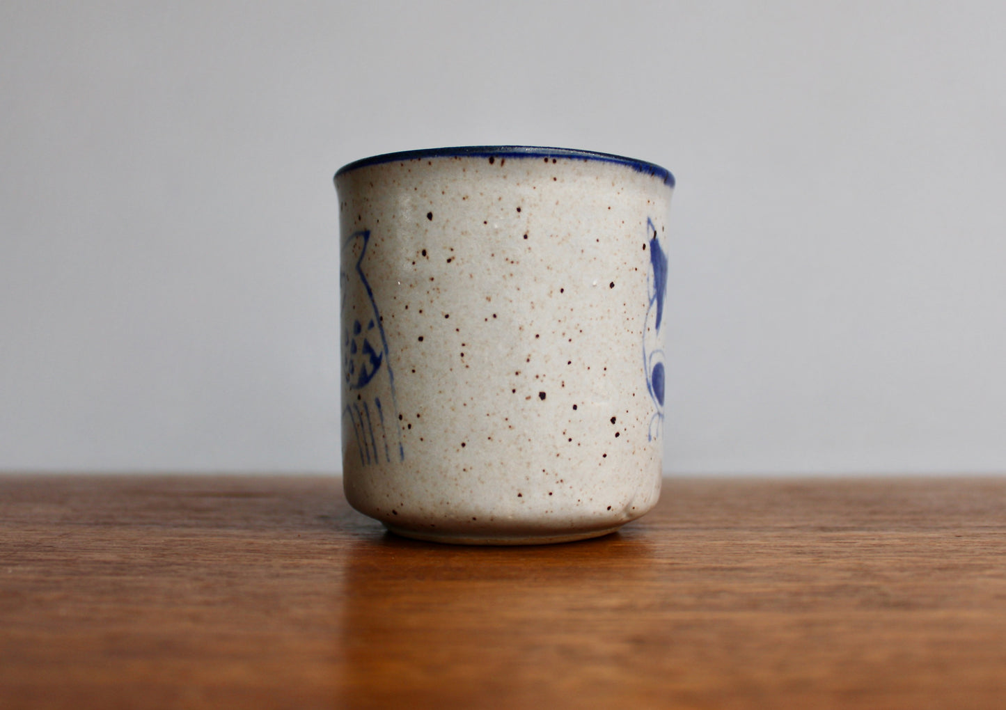 1970s Otagiri Owl Mug, Classic Indigo Line-Work Owl on Blue-Grey w/ Swiped Blue Handle - Sturdy Vitrified Stoneware