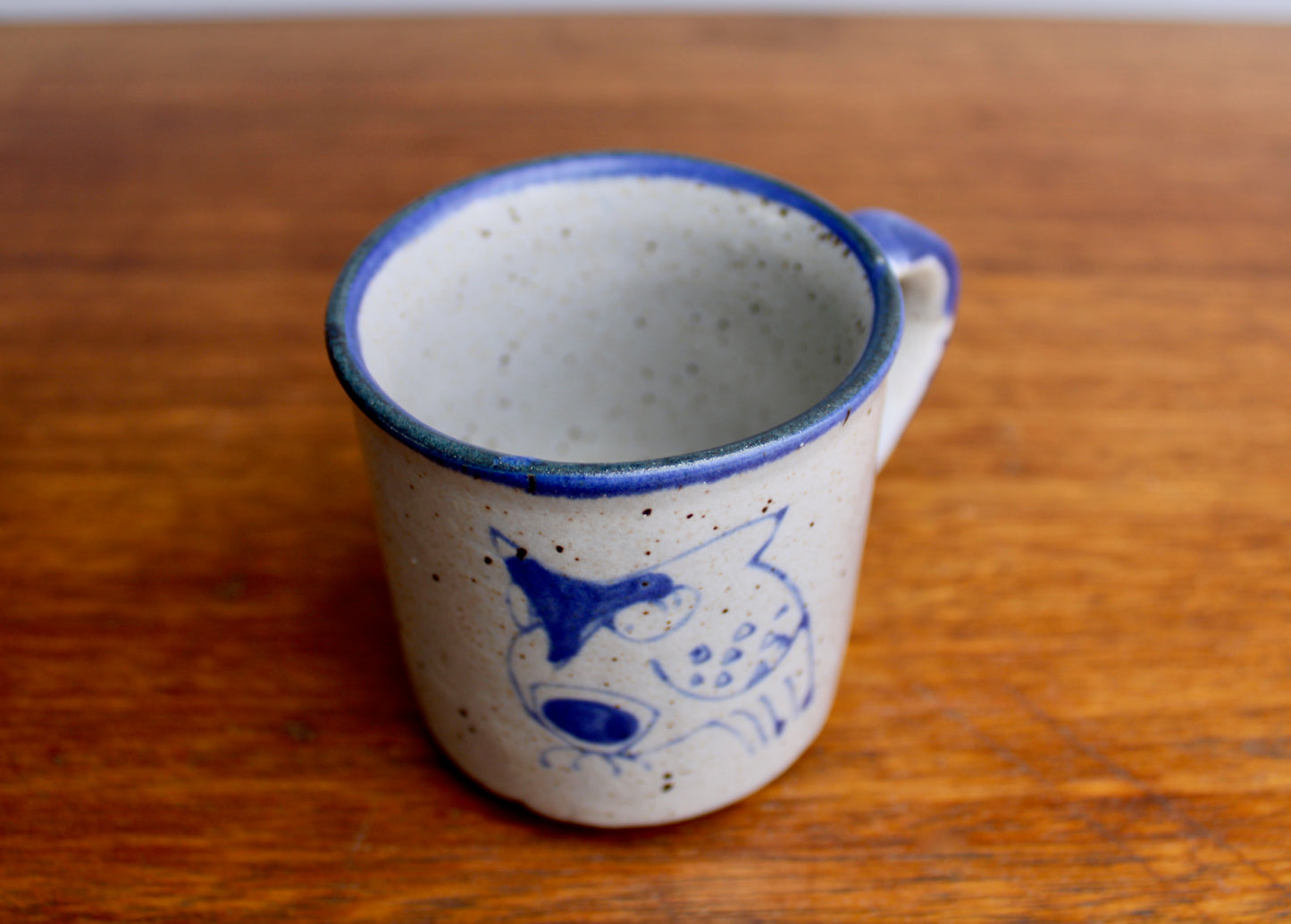 1970s Otagiri Owl Mug, Classic Indigo Line-Work Owl on Blue-Grey w/ Swiped Blue Handle - Sturdy Vitrified Stoneware