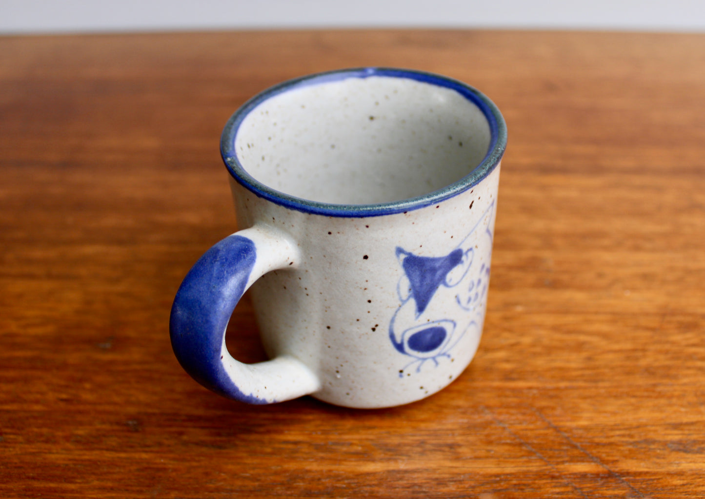 1970s Otagiri Owl Mug, Classic Indigo Line-Work Owl on Blue-Grey w/ Swiped Blue Handle - Sturdy Vitrified Stoneware