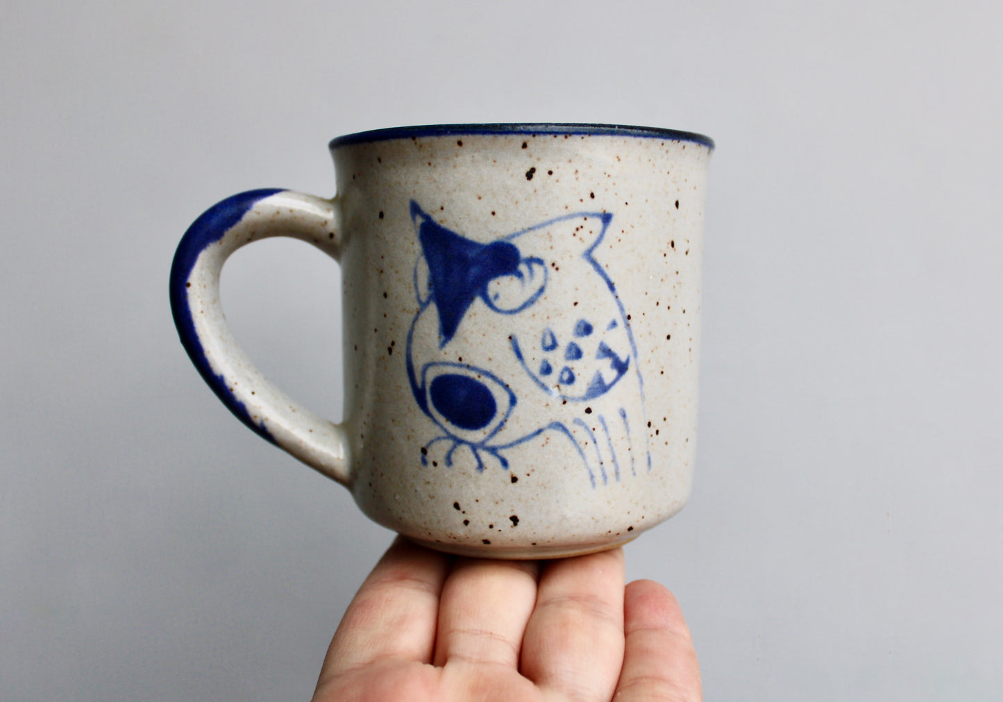 1970s Otagiri Owl Mug, Classic Indigo Line-Work Owl on Blue-Grey w/ Swiped Blue Handle - Sturdy Vitrified Stoneware
