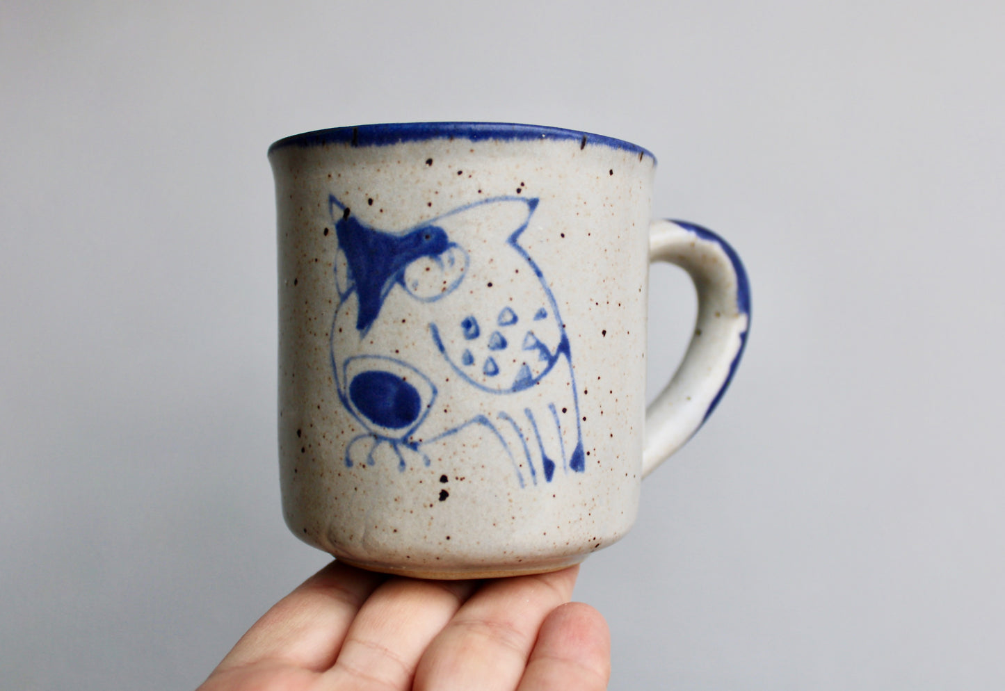 1970s Otagiri Owl Mug, Classic Indigo Line-Work Owl on Blue-Grey w/ Swiped Blue Handle - Sturdy Vitrified Stoneware