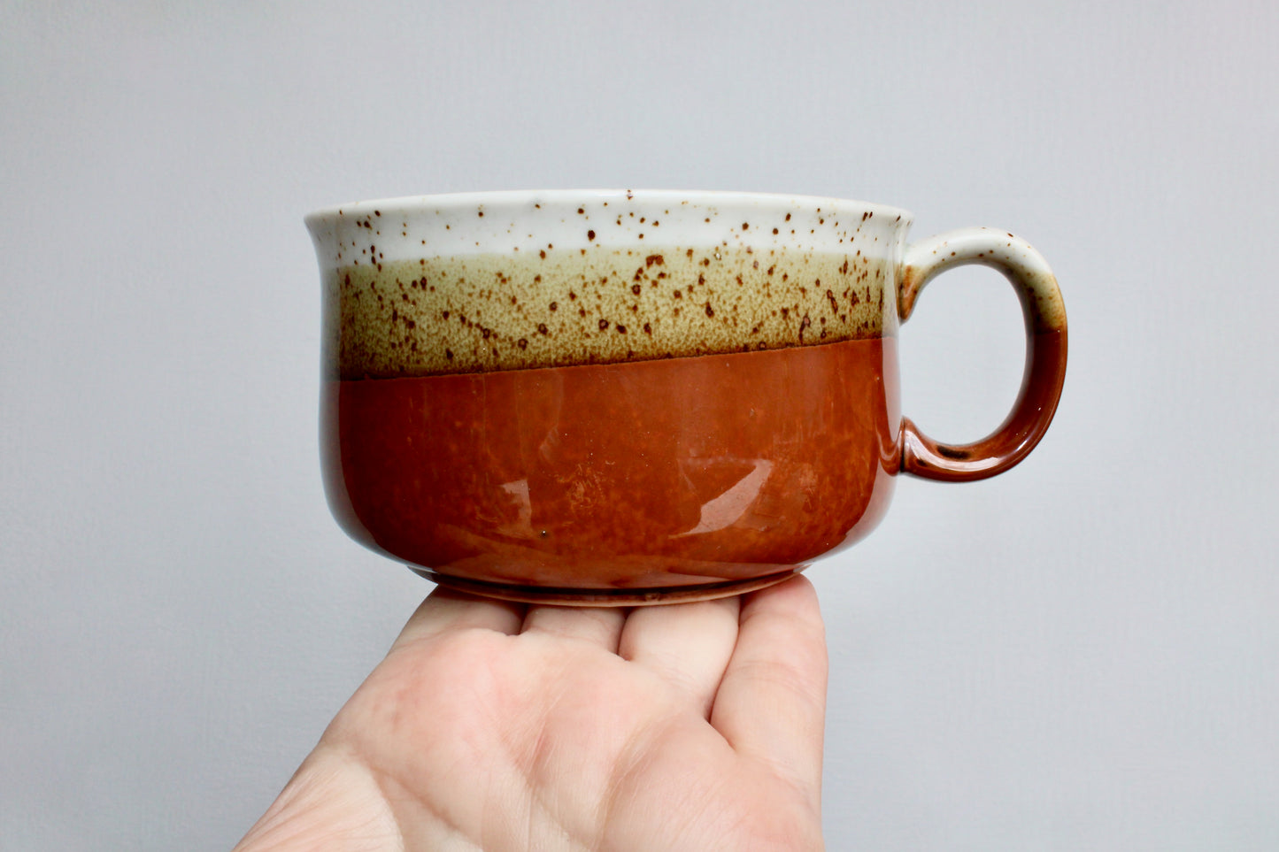 1970s Otagiri Soup Mug, Layered Glossy Glazes of Speckled Grey, Rusty Red, & Olive-ish Green - Shōwa Period Japan