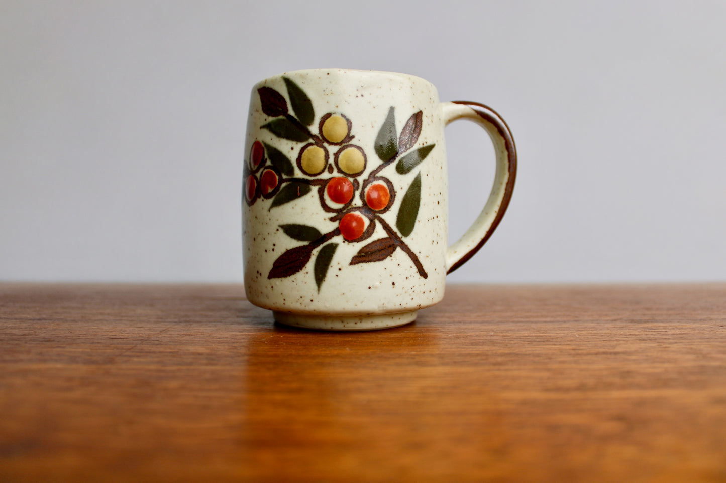 Otagiri Mid Century Japanese OMC Bittersweet Vellum Glazed Stoneware Mug, Orange & Yellow Berries w/ Dark Verdant Leaves in Relief - A Textural Wonderland of a Mug