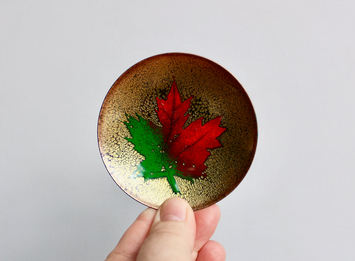 3" Jules Pierre Canadian Enamelware Artist - Petite Maple Leaf Form - Vintage Porcelain Enameled Copper