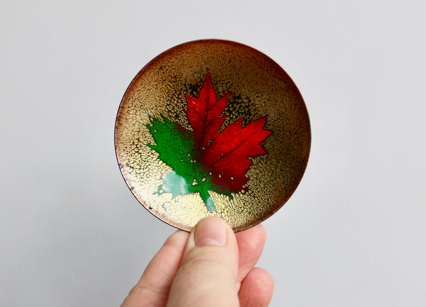 3" Jules Pierre Canadian Enamelware Artist - Petite Maple Leaf Form - Vintage Porcelain Enameled Copper