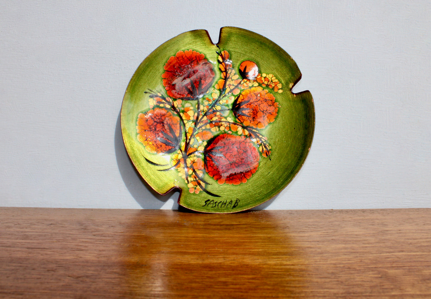 Sascha B Brastoff Enameled Copper Art-Tray 5.5" Ashtray Form, Orange Gomphrena Blossom Mid Century Modern Metal Arts Movement