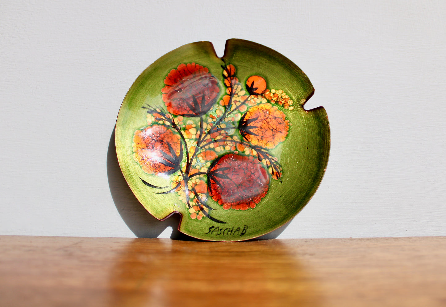 Sascha B Brastoff Enameled Copper Art-Tray 5.5" Ashtray Form, Orange Gomphrena Blossom Mid Century Modern Metal Arts Movement