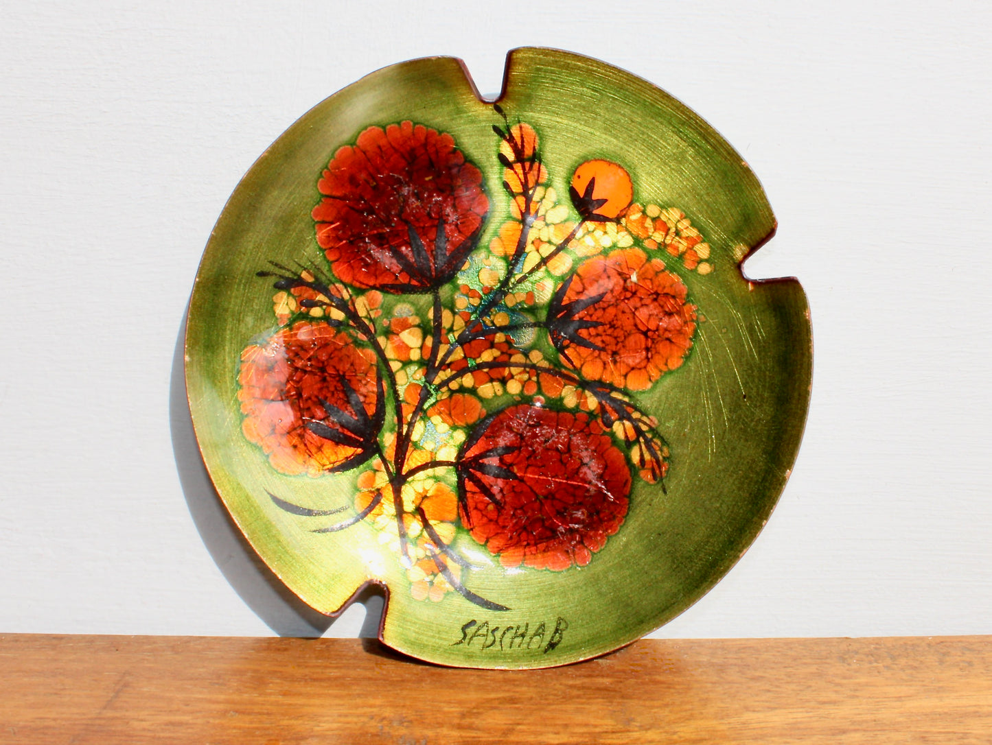 Sascha B Brastoff Enameled Copper Art-Tray 5.5" Ashtray Form, Orange Gomphrena Blossom Mid Century Modern Metal Arts Movement
