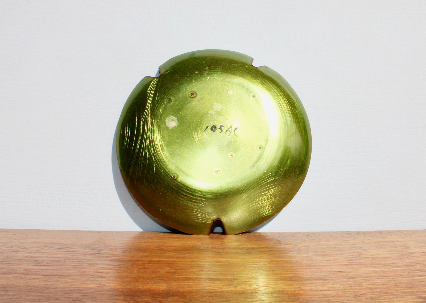 Sascha B Brastoff Enameled Copper Art-Tray 5.5" Ashtray Form, Orange Gomphrena Blossom Mid Century Modern Metal Arts Movement