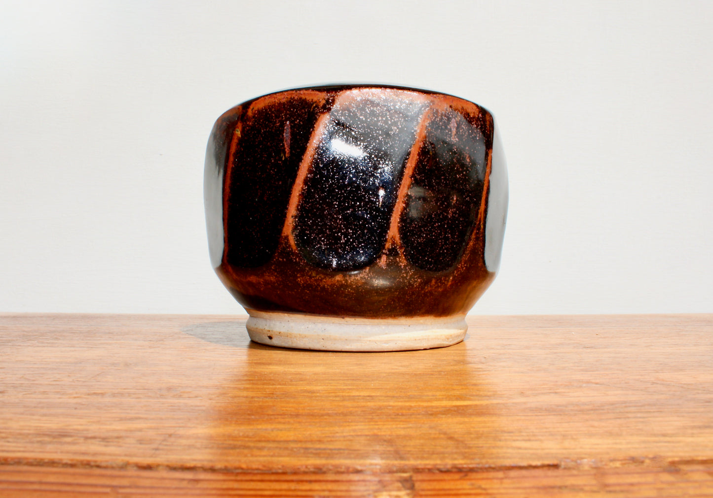 AI Stoneware Vessel Tenmoku Glazed Faceted Sides, Signed AI, Vtg Handcrafted Studio Pottery
