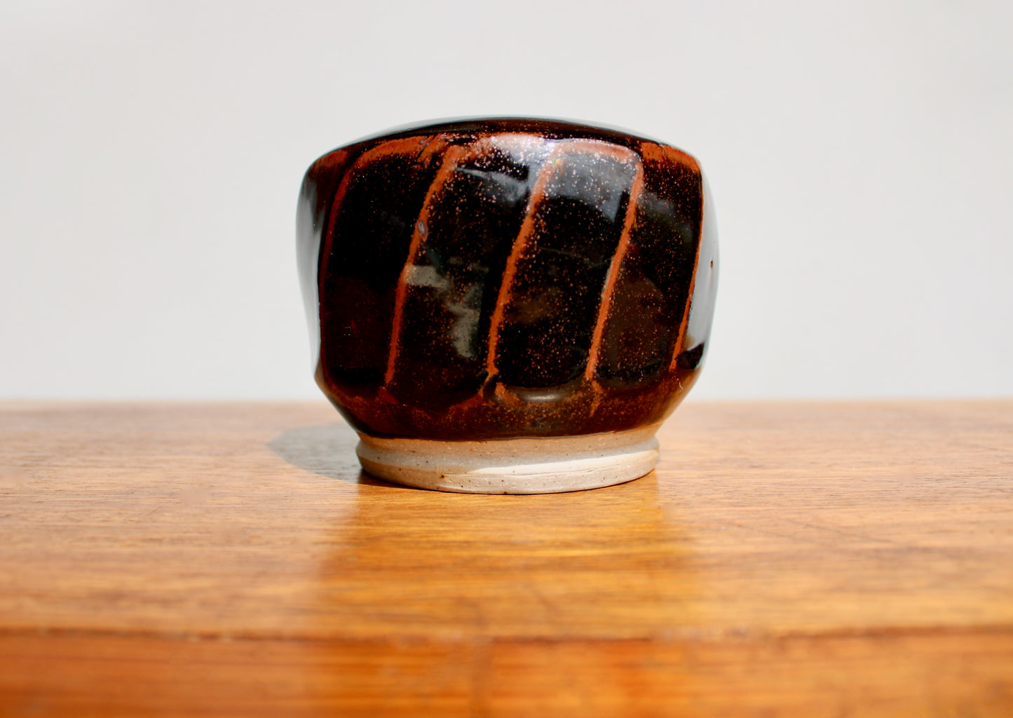 AI Stoneware Vessel Tenmoku Glazed Faceted Sides, Signed AI, Vtg Handcrafted Studio Pottery