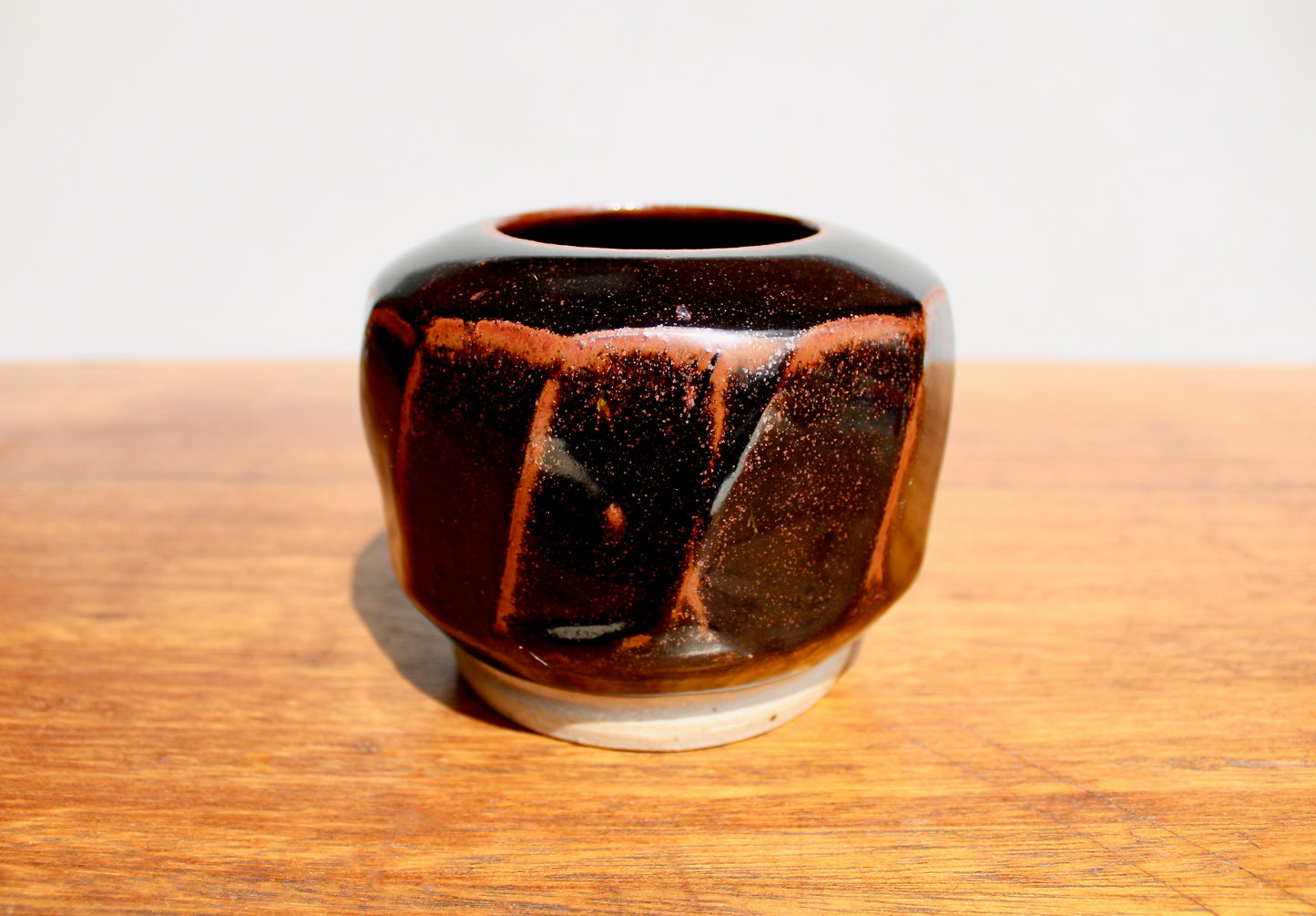 AI Stoneware Vessel Tenmoku Glazed Faceted Sides, Signed AI, Vtg Handcrafted Studio Pottery